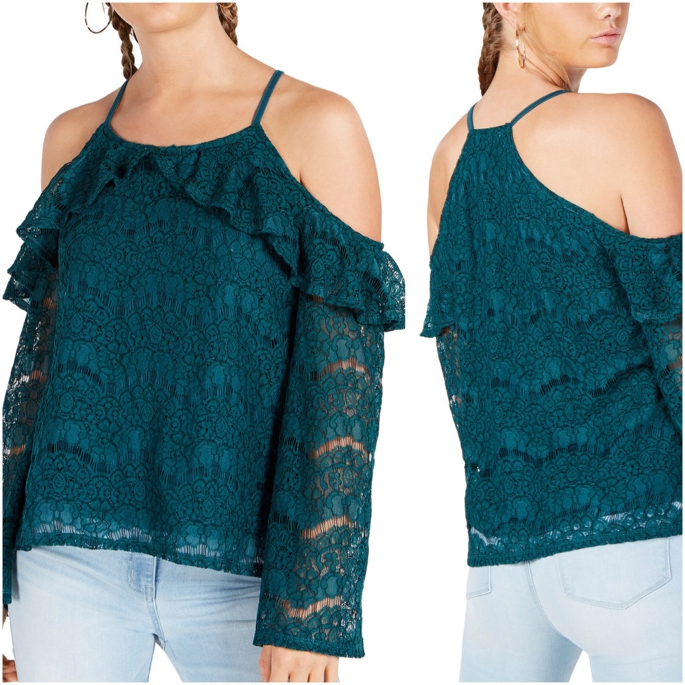 Dark Teal Cold Shoulder Lace Top